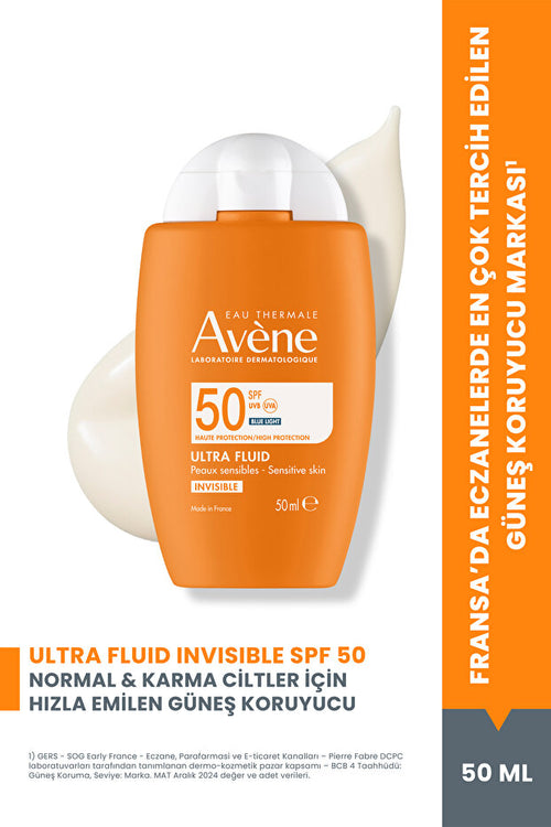 Avene Ultra Fluid Invisible Normal/Karma Ciltler için Ultra Akışkan SPF 50 Güneş Kremi 50 ml