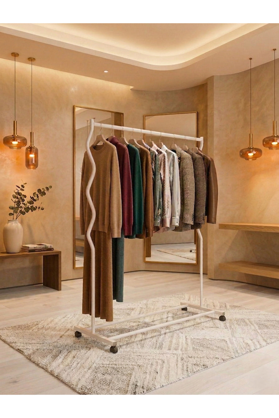 ARVİONHOME Modern Lüks Gold Desenli Metal Tekerlekli Konfeksiyon Askılığı ve Dayanıklı Taşınabilir Raflı Stand