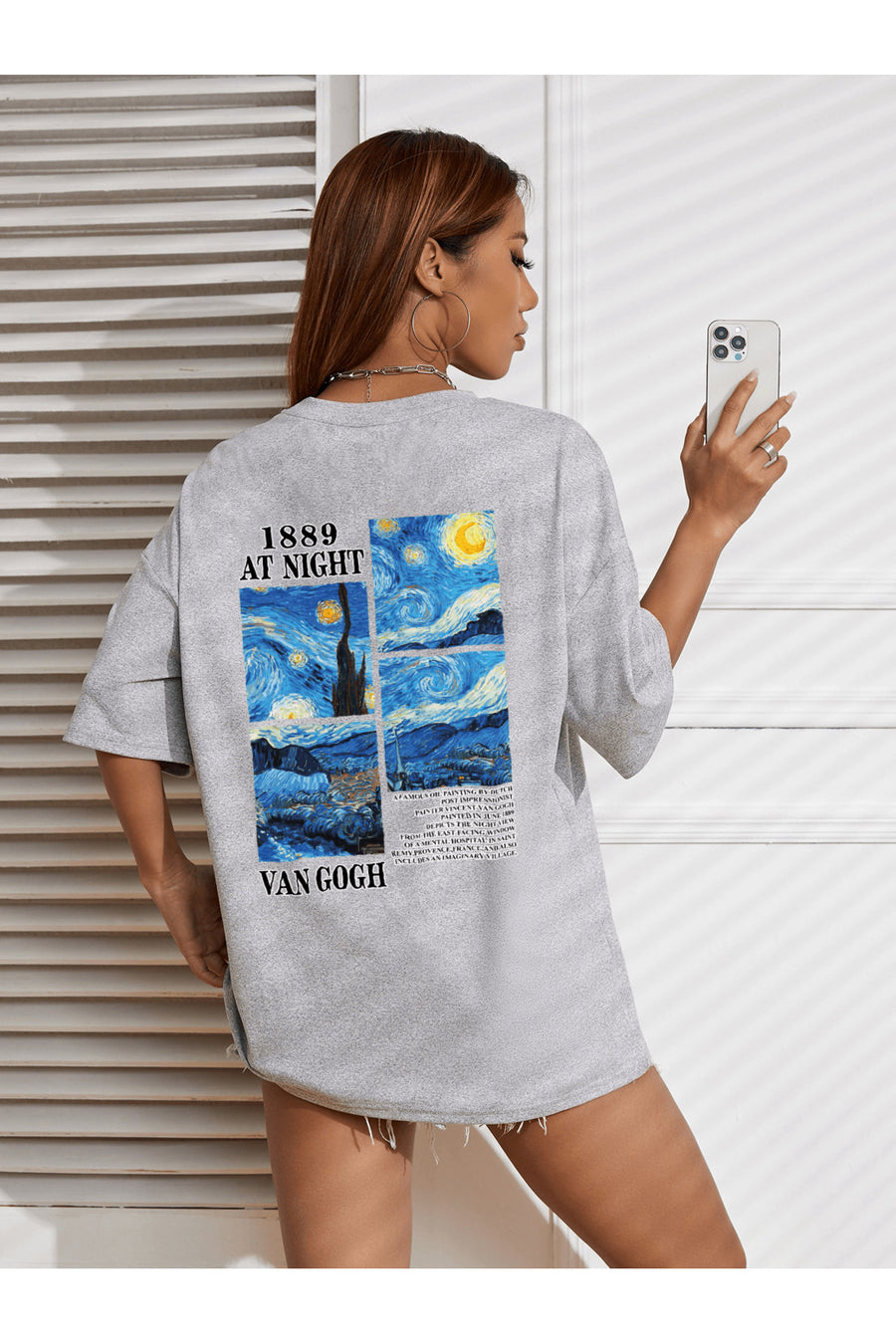 uyguntarz Unisex Van Gogh Baskılı Oversize Tshirt - Gri