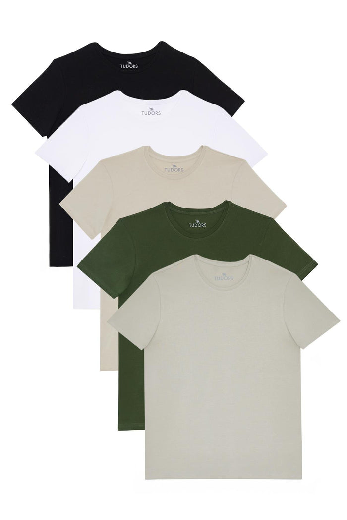 Tudors Unisex 5li Paket Lacivert-Haki-Bordo-Tarçın-Vizon Slim Fit Dar Kesim %100 Pamuk Bisiklet Yaka Tişört
