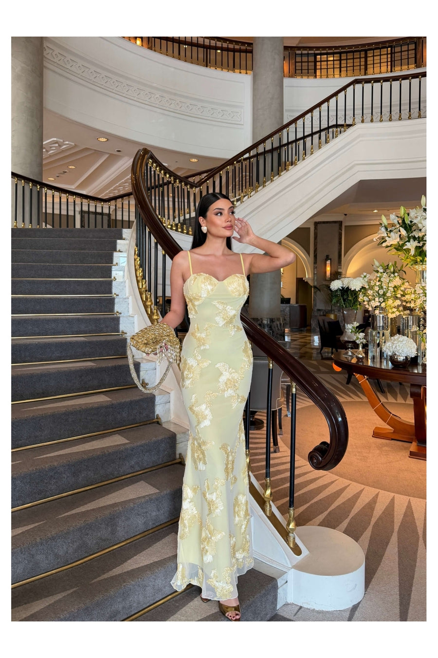 ESRAHELVACI EH Collection Çiçek İşlemeli Tül Davet Elbise - Sarı