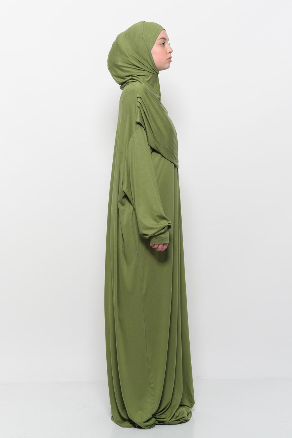 Altobeh Pratik Tek Parça Pamuklu Yarasa Kollu Tak Çıkar Başörtülü Organik Namaz Elbisesi Fıstık Yeşili