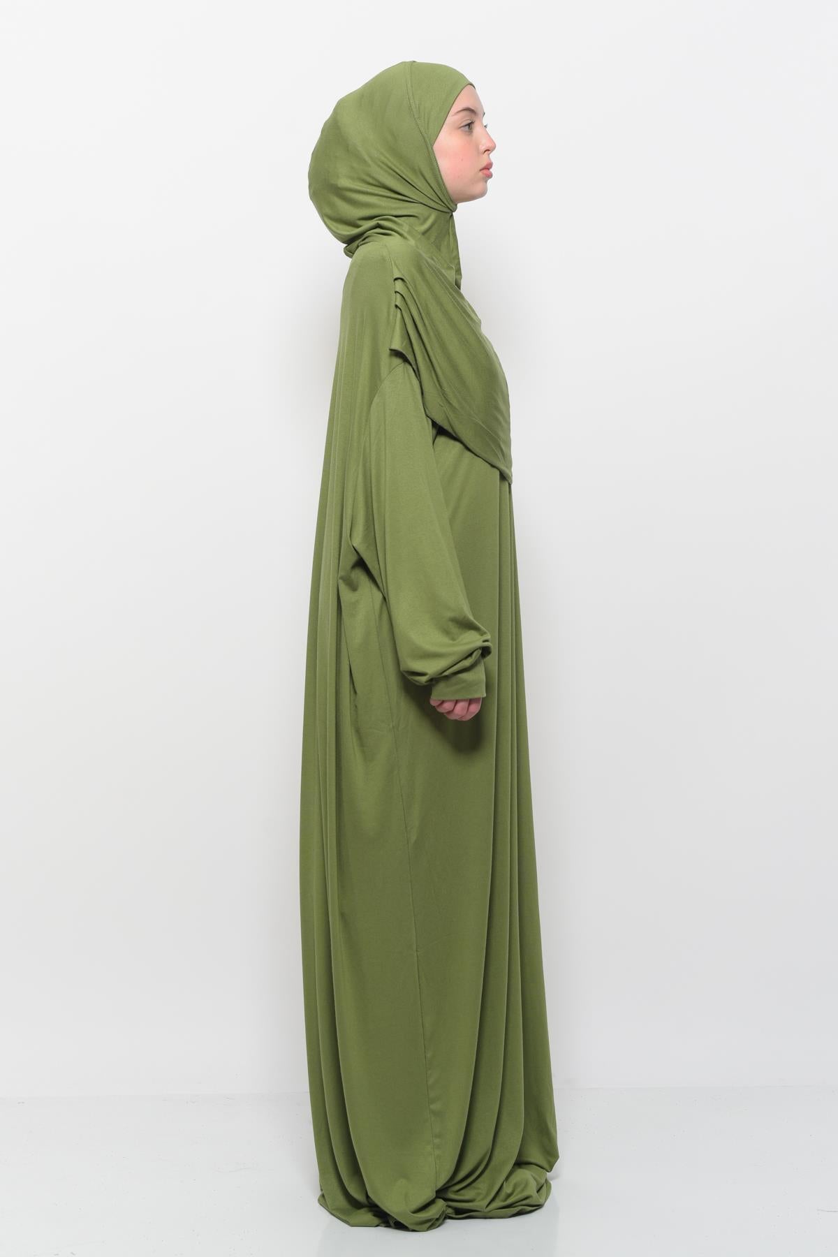Altobeh Pratik Tek Parça Pamuklu Yarasa Kollu Tak Çıkar Başörtülü Organik Namaz Elbisesi Fıstık Yeşili