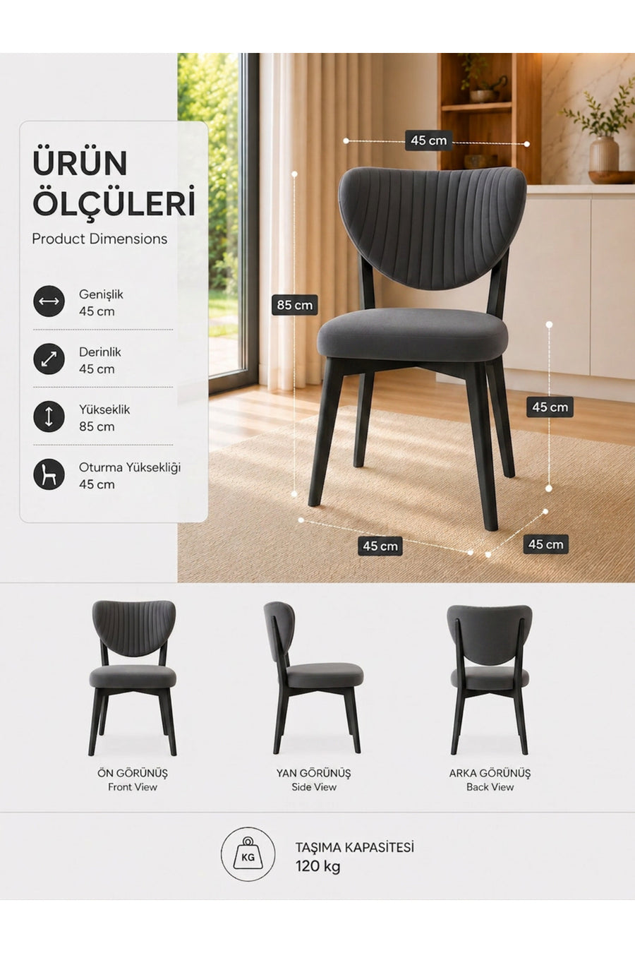 Formood Mutfak Sandalyesi Modern Antrasit Kumaş Salon Sandalyesi Siyah Ayak Elma Model