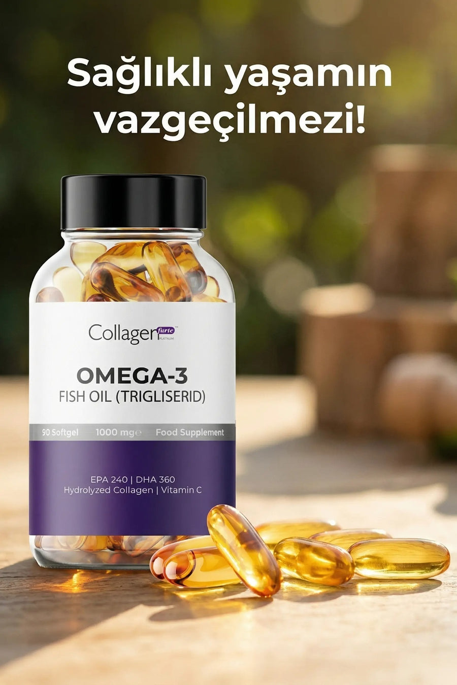 Collagen Forte Platinum Omega-3 Premium Fish Oil 90 Softgel X 1000mg, Balık Yağı, Hidrolize Kolajen & C Vitamini