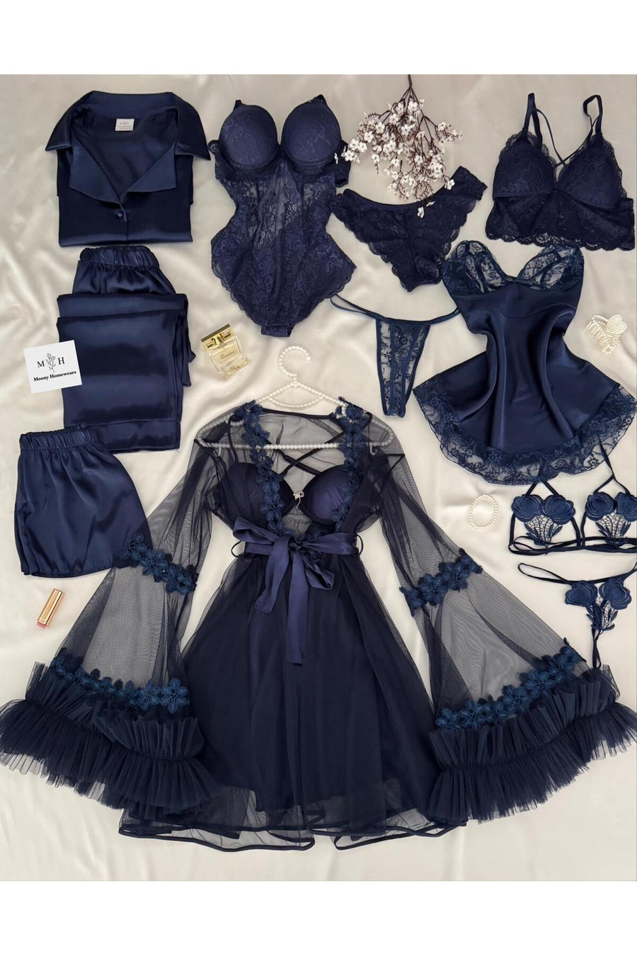 MH Moony Homewears Kutulu 12'li Parça Pause Bordo Saten Pijama Gecelik Sabahlık Iç Giyim Çeyiz Seti - Bordo Renk