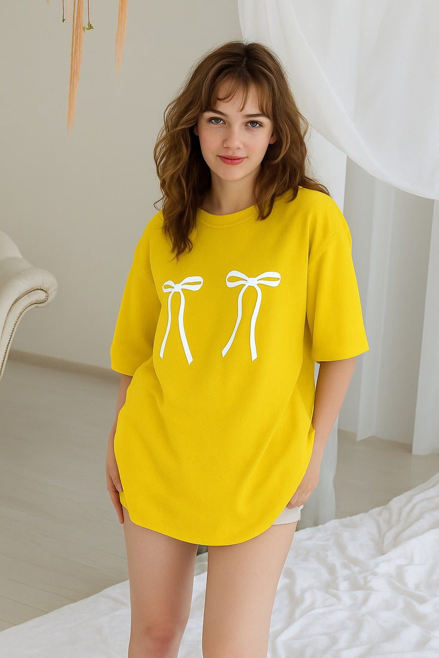 oneagılyazı Kadın Kurdela Baskılı Tshirt - Bisiklet Yaka - Cok-Renkli