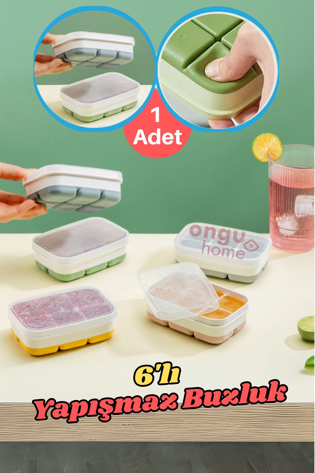 ongu home Yapışmaz 6’lı Küp Buzluk Bas Çıkar Buzluk Kabı Buz Kalıbı Renkli 1 Adet