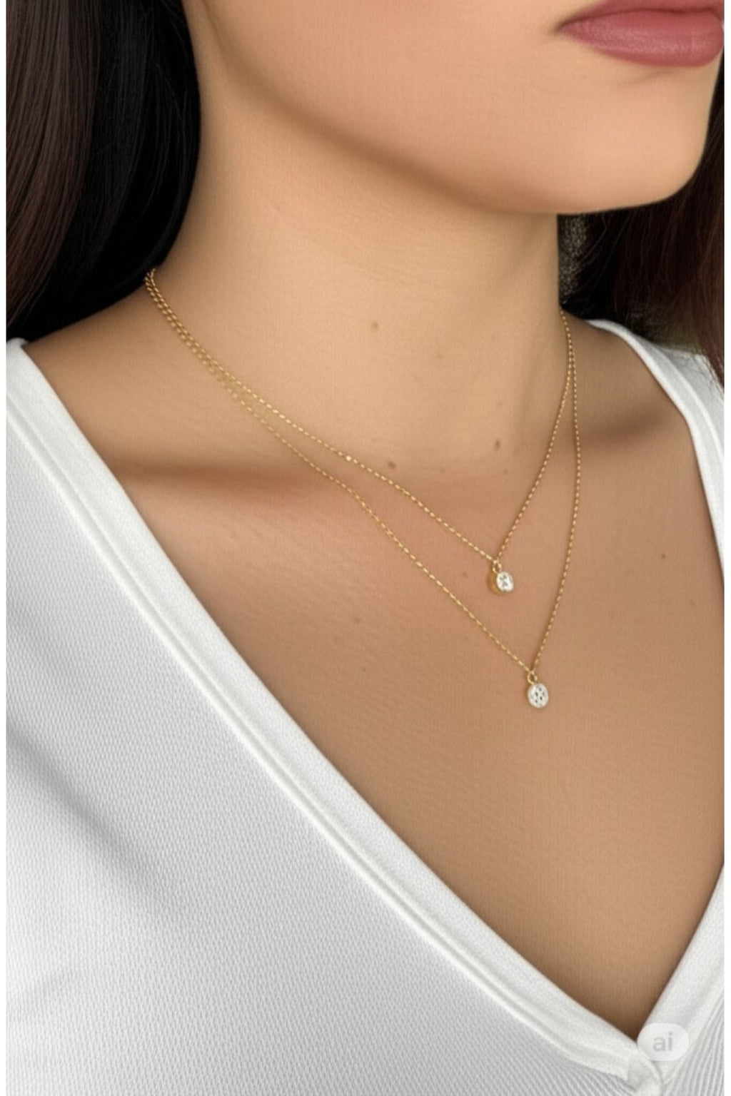 BLİSTAV 2 li Beyaz taşlı paslanmaz kararmaz çelik Gold renk kolye