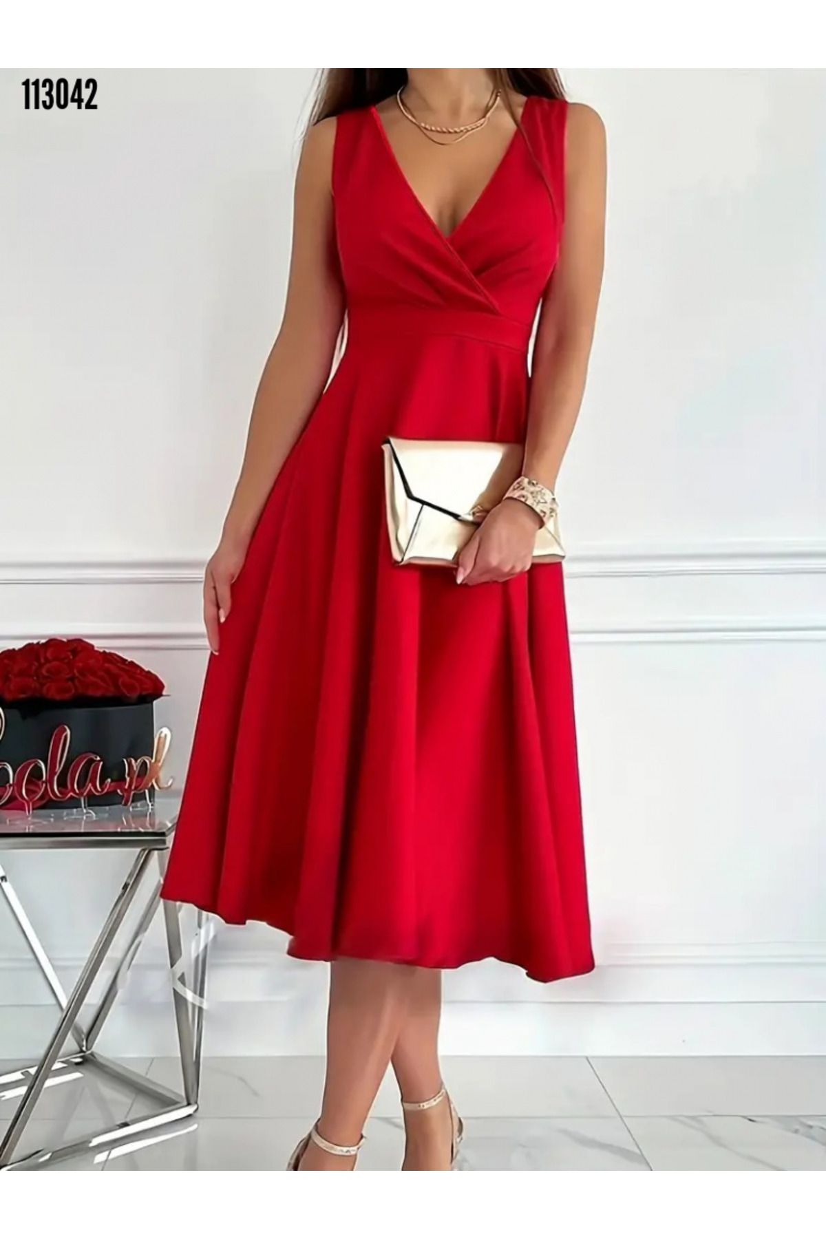 Kokosh moda Kadın Kruvaze Yaka Kloş Midi Elbise