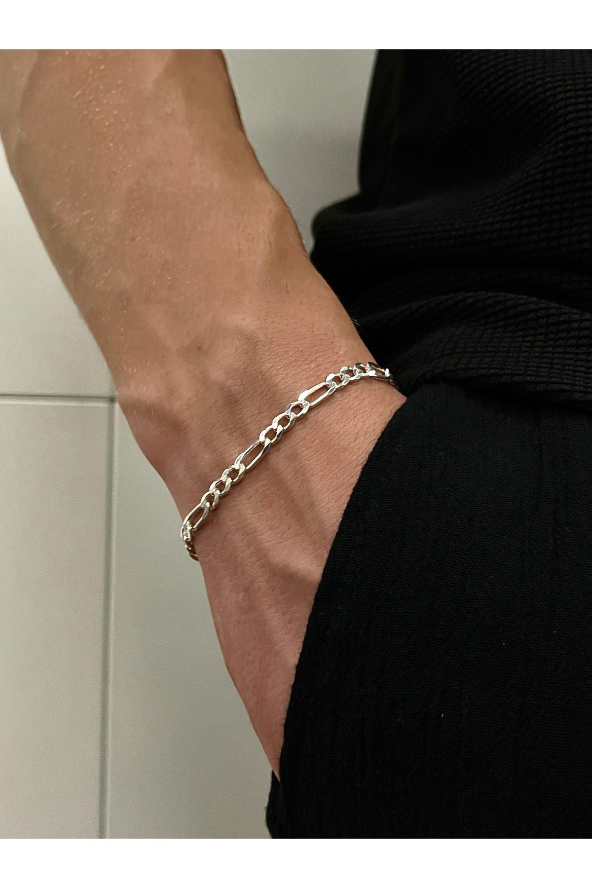 Siset Gümüş 925 Ayar 3 mm Figaro  Model  Erkek Gümüş Bileklik