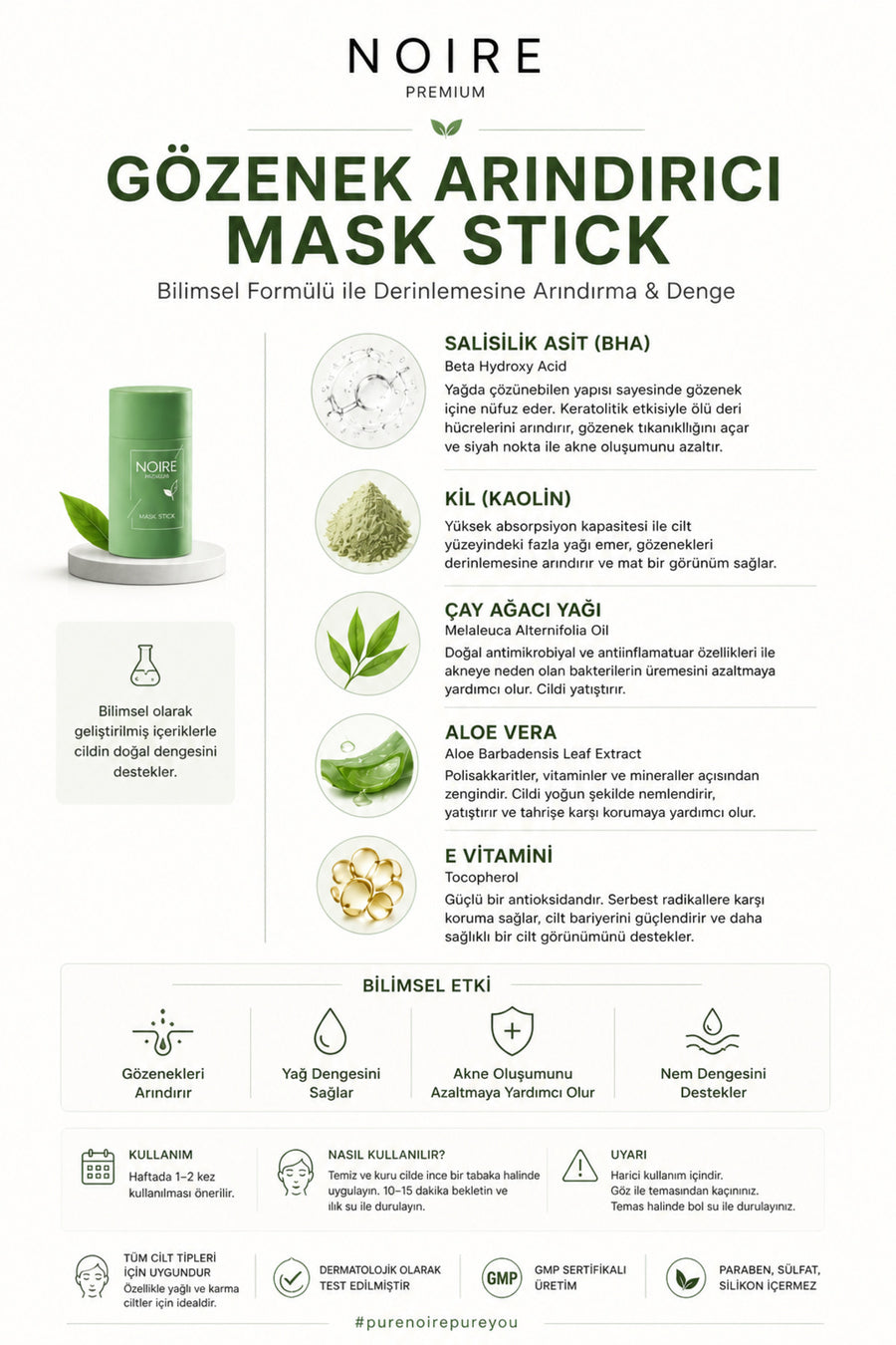 NOIRE PREMIUM Yeşil Çay Özlü Siyah Nokta ve Akne Maskesi & Green Tea Extract Acne and Pimple Mask