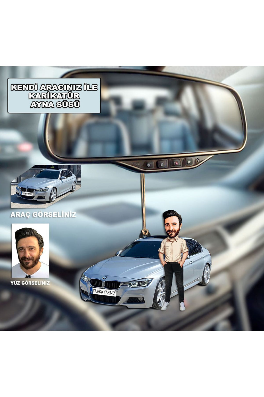 MK Kendi Aracınızla Kişiye Özel Karikatür Ahşap Mdf Dikiz Ayna Süsü