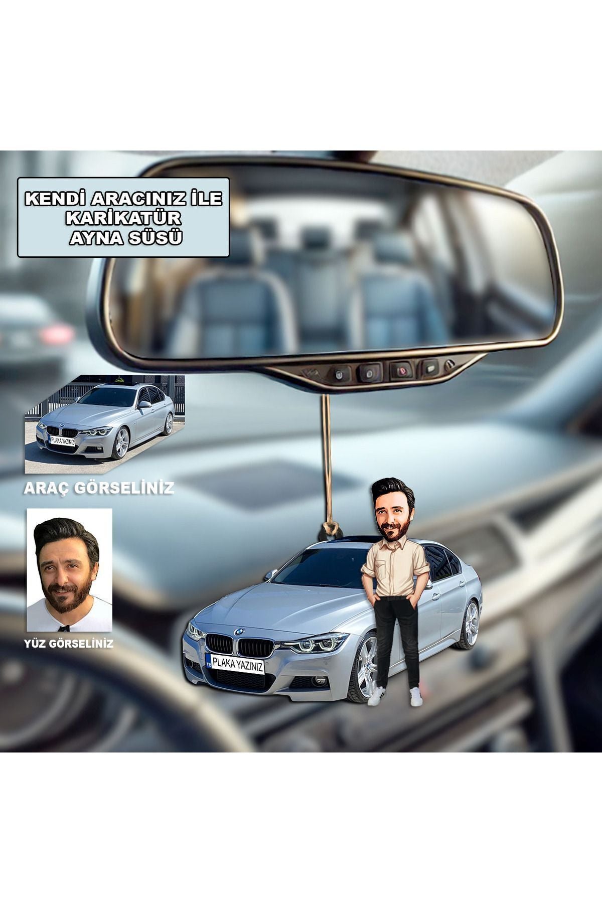 MK Kendi Aracınızla Kişiye Özel Karikatür Ahşap Mdf Dikiz Ayna Süsü