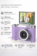 ACSTECH 4K Dijital Fotoğraf Makinesi 48MP Flip Ekran 18X Zoom Flaşlı 64GB Hediyeli Türkçe Menü - Mor