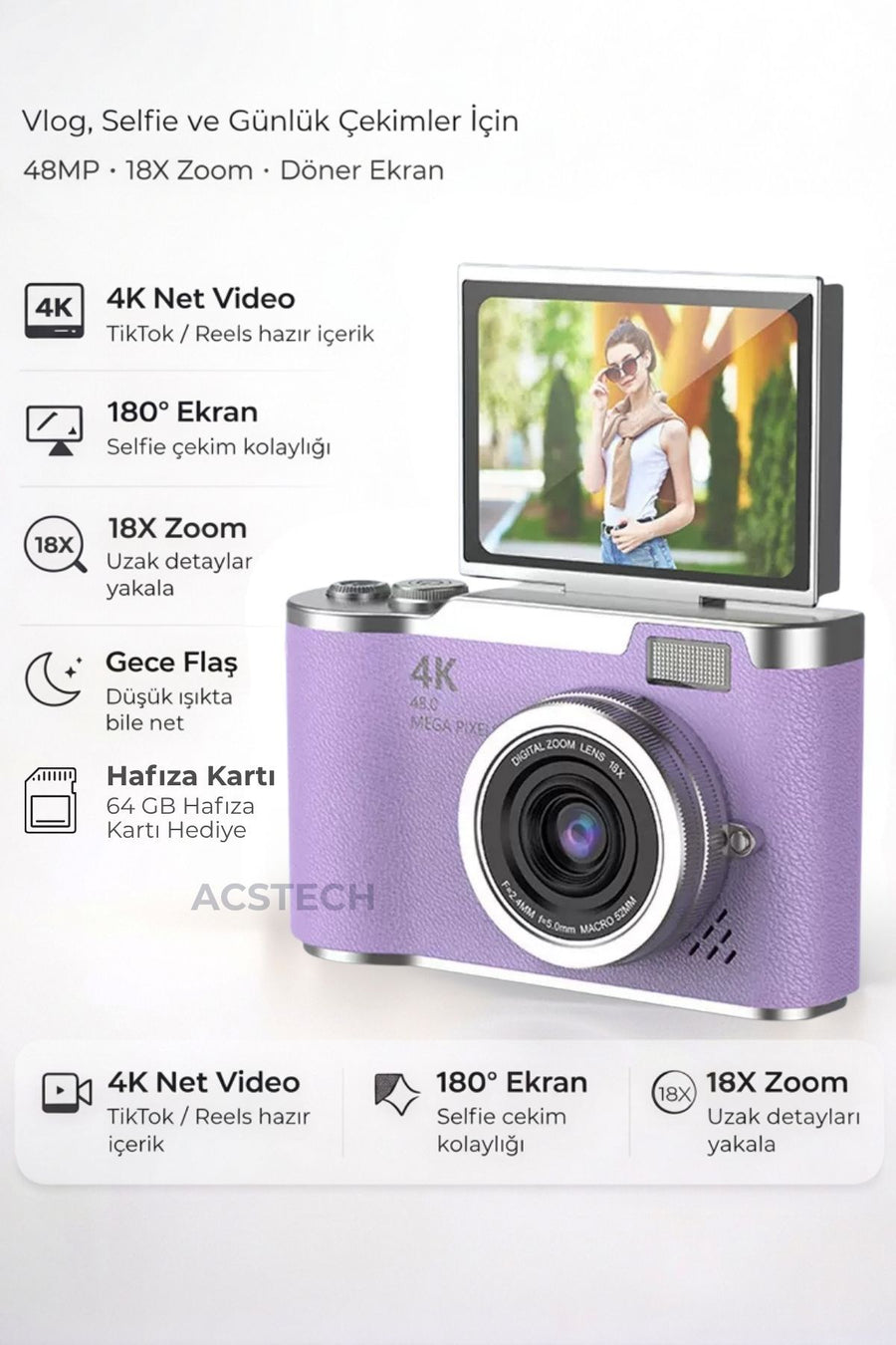ACSTECH 4K Dijital Fotoğraf Makinesi 48MP Flip Ekran 18X Zoom Flaşlı 64GB Hediyeli Türkçe Menü - Mor