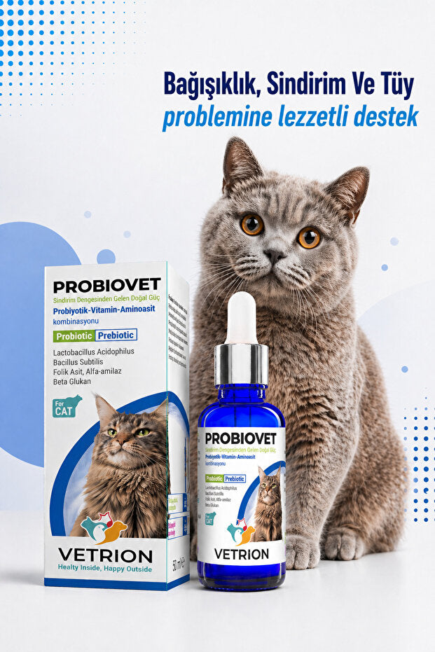 Vetrion Pharma Hızlı etkili Kedi Probiyotik 50 ml | Tüy Sağlığı | Sindirim ve Bağırsak Desteği | Probiovet Vetrion