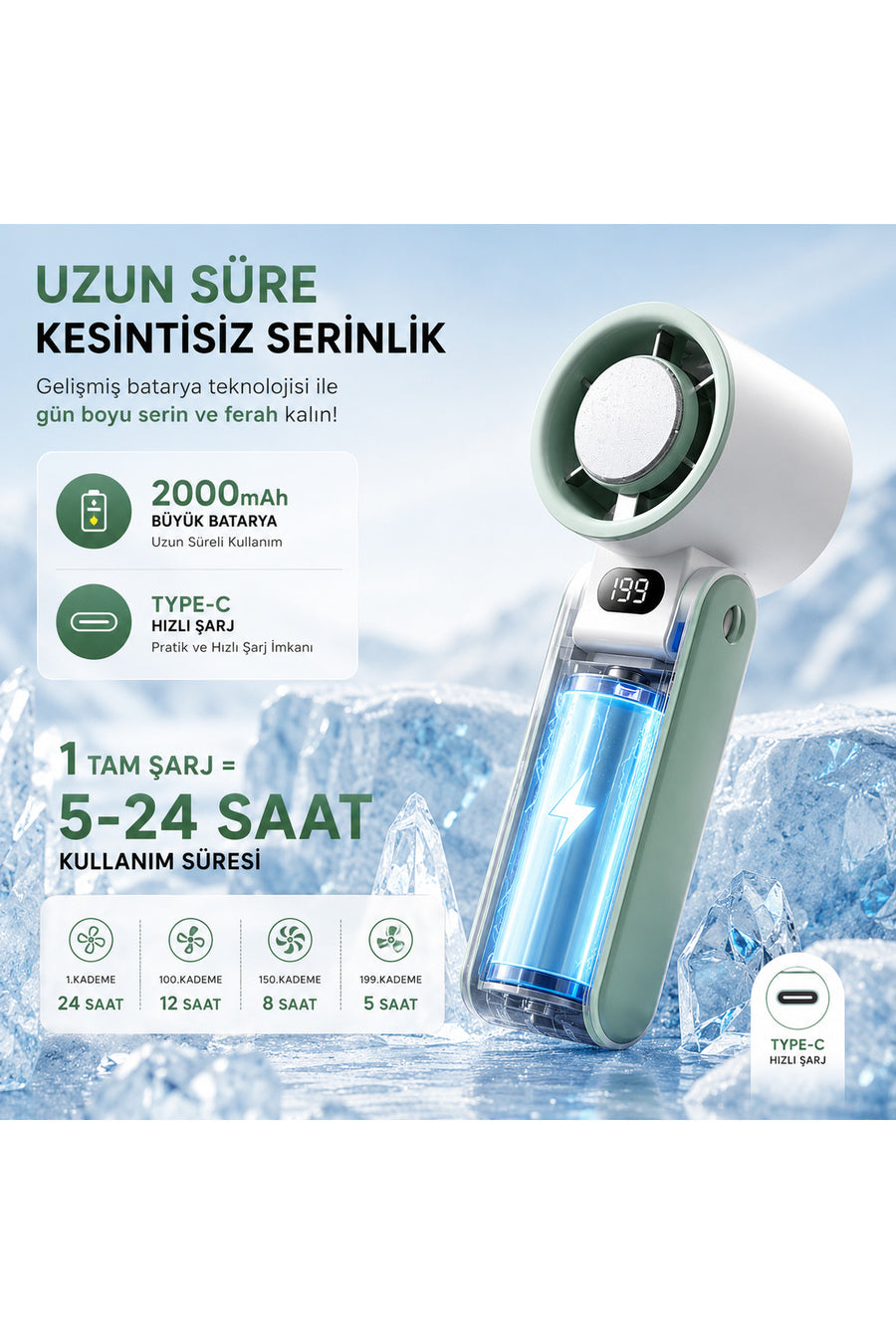 TARÇIN Y19S Taşınabilir Turbo Fan 199 Kademe Dijital Ekranlı Şarjlı El Fanı Boyun Askılı Masaüstü Mini Vantilatör Type-C