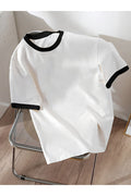 Revasser Unisex Erkek/Kadın Lacivert Beyaz Yaka Düz Oversize Pamuklu T-Shirt Tişört - Lacivert