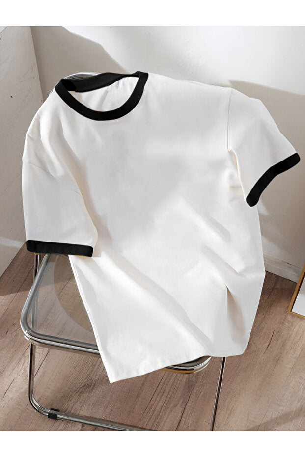 Revasser Unisex Erkek/Kadın Lacivert Beyaz Yaka Düz Oversize Pamuklu T-Shirt Tişört
