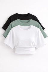 COMBİNE MİCHAİL Kadın Yarasa Kollu Basic Dar 3 Lü Crop Bluz - Kahve