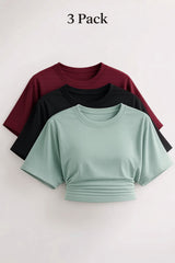 COMBİNE MİCHAİL Kadın Yarasa Kollu Basic Dar 3 Lü Crop Bluz - Cok