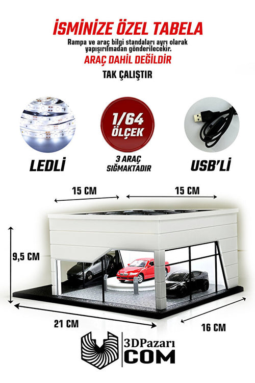 Butik 1/64 Ölçekli Beyaz Renk Ledli Showroom Tasarımlı Diorama Araç Sergileme Garajı 3D Baskı