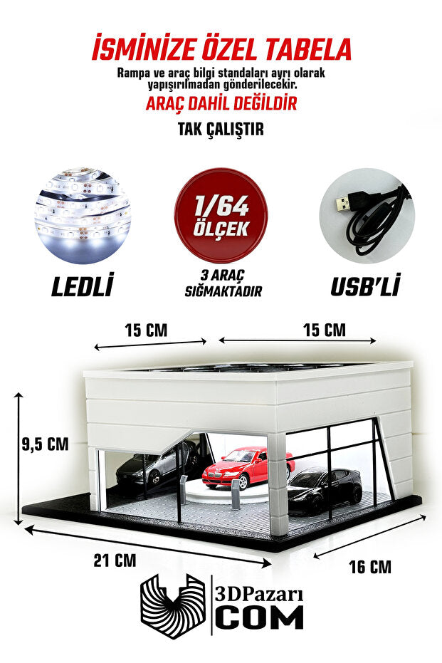 Butik 1/64 Ölçekli Beyaz Renk Ledli Showroom Tasarımlı Diorama Araç Sergileme Garajı 3D Baskı