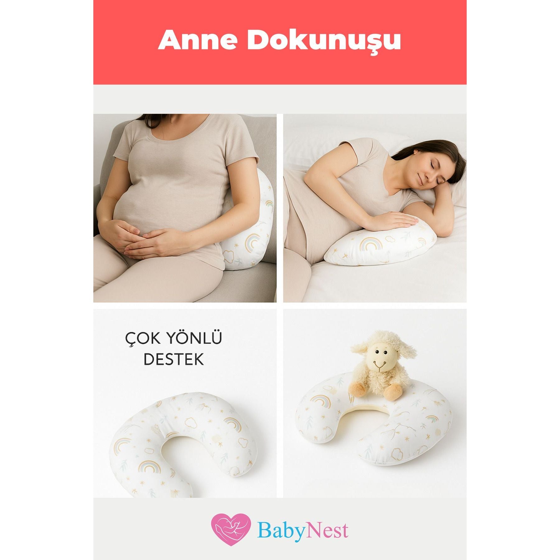 Babynest Emzirme Yastığı ve Destek Minderi Gökkuşağı Bej