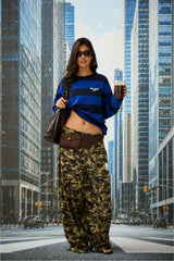 bases. Mavi Lacivert Çizgili Oversize Uzun Kol T-shirt - Saks