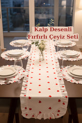 KAMİZ Fırfırlı Keten Runner & 6'lı Fıfırlı Supla Seti - 7 Parça Çeyiz Seti