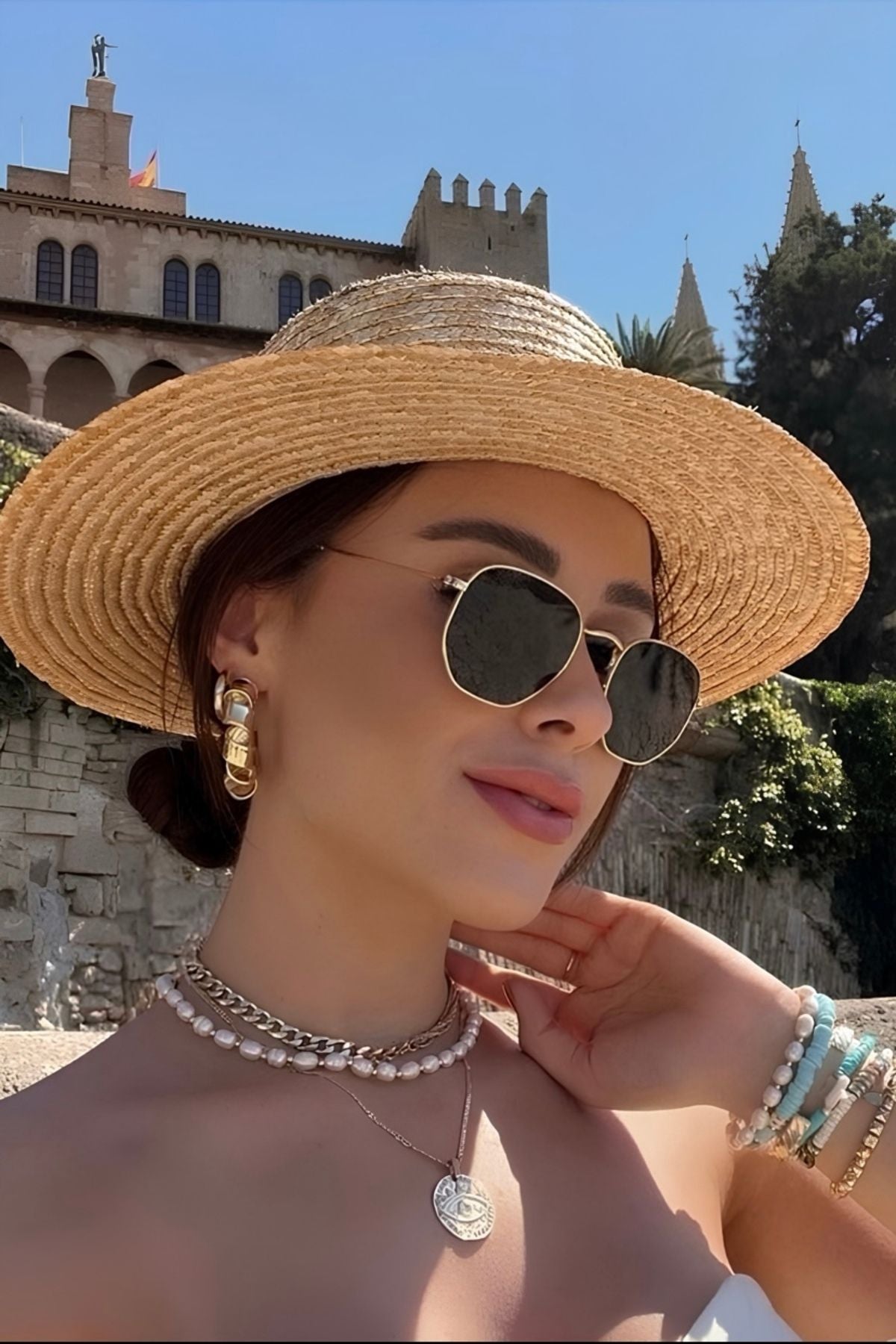 MACERATİ Gold Metal Çerçeveli Beşgen Unisex Güneş Gözlüğü - Görsel 2