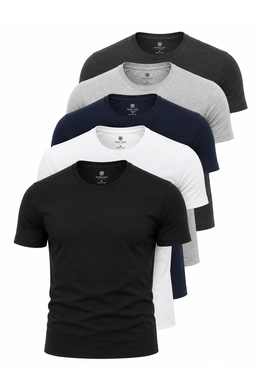 Piano Luce Erkek 5’li Paket T-Shirt – Kısa Kollu Bisiklet Yaka Regular Fit – 5 Renk Seçenekli - Gri