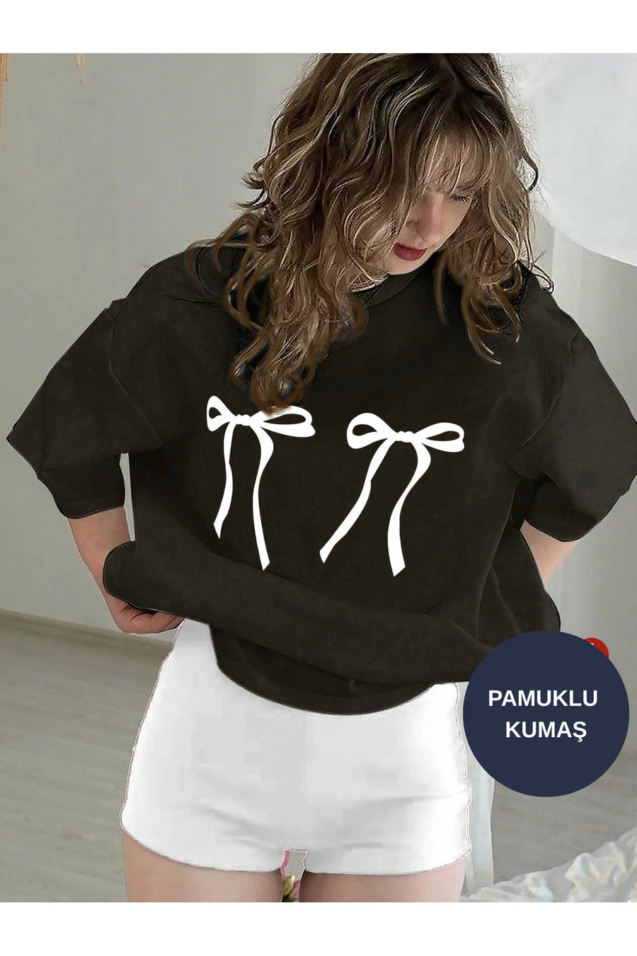 oneagılyazı Kadın Kurdela Baskılı Tshirt - Bisiklet Yaka - Siyah