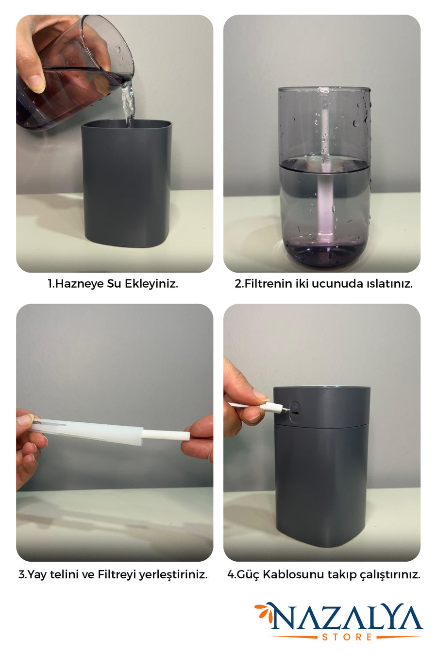 Nazalya 400 ml Ultrasonik Hava Nemlendirici Buhar Makinesi Ve Aroma Difüzörü - Gri Renk