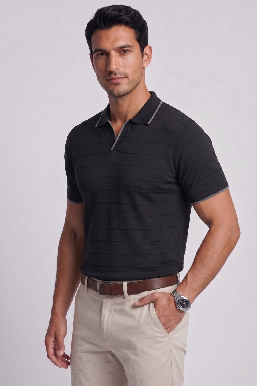 viyamen Erkek Triko Kumaş Yakalı Düğmesiz Açık Yaka Fitilli Kısa Kollu Regular Fit Tişört T-shirt - - Bebek
