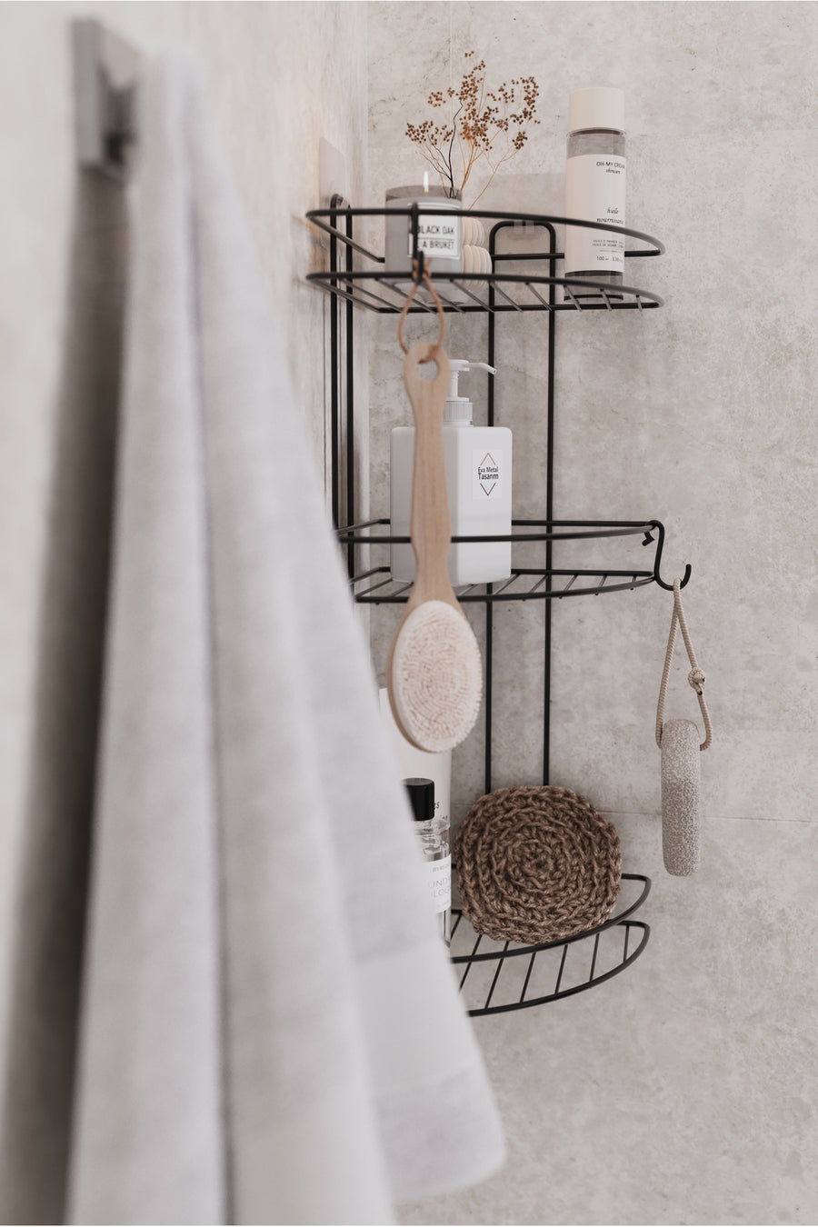 EVA METAL TASARIM Ömür Boyu Paslanmaz Yapışkanlı Banyo Köşeliği Düzenleyici Şampuanlık Duş Rafı Siyah 2 Adet Lif Kanc