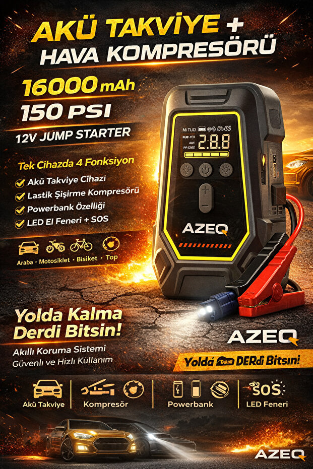 AZEQ DELBEST K5 Akü Takviye Cihazı Hava Kompresörü 16000mAh 150 PSI Jump Starter Powerbank 12V