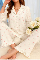 ELİTOL Gül Desenli Bürümcük Örme Uzun Kol Kadın Düğmeli Pijama Takımı
