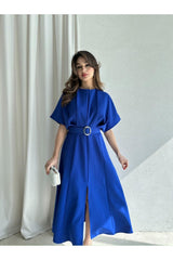 MODA DURAĞI KALİTELİ MİDİ ELBİSE YIRTMAÇ DETAYLI KEMERLİ - Saks