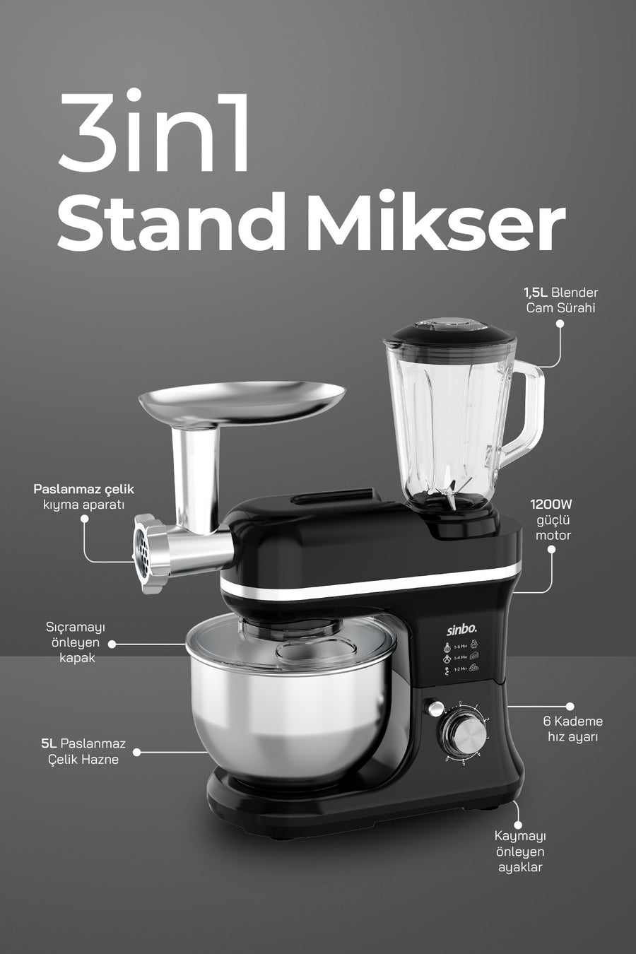 Sinbo SMX-2772 Çok Amaçlı 3ın1 Mutfak Şefi Hamur Yoğurma Kıyma Makinesi Sürahi Blender 1200w - Siyah