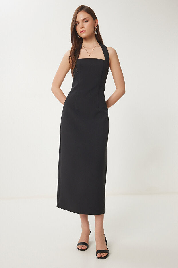 Lovelyİstanbul Kalın Askılı Midi Dokuma Elbise Siyah Lfk0005