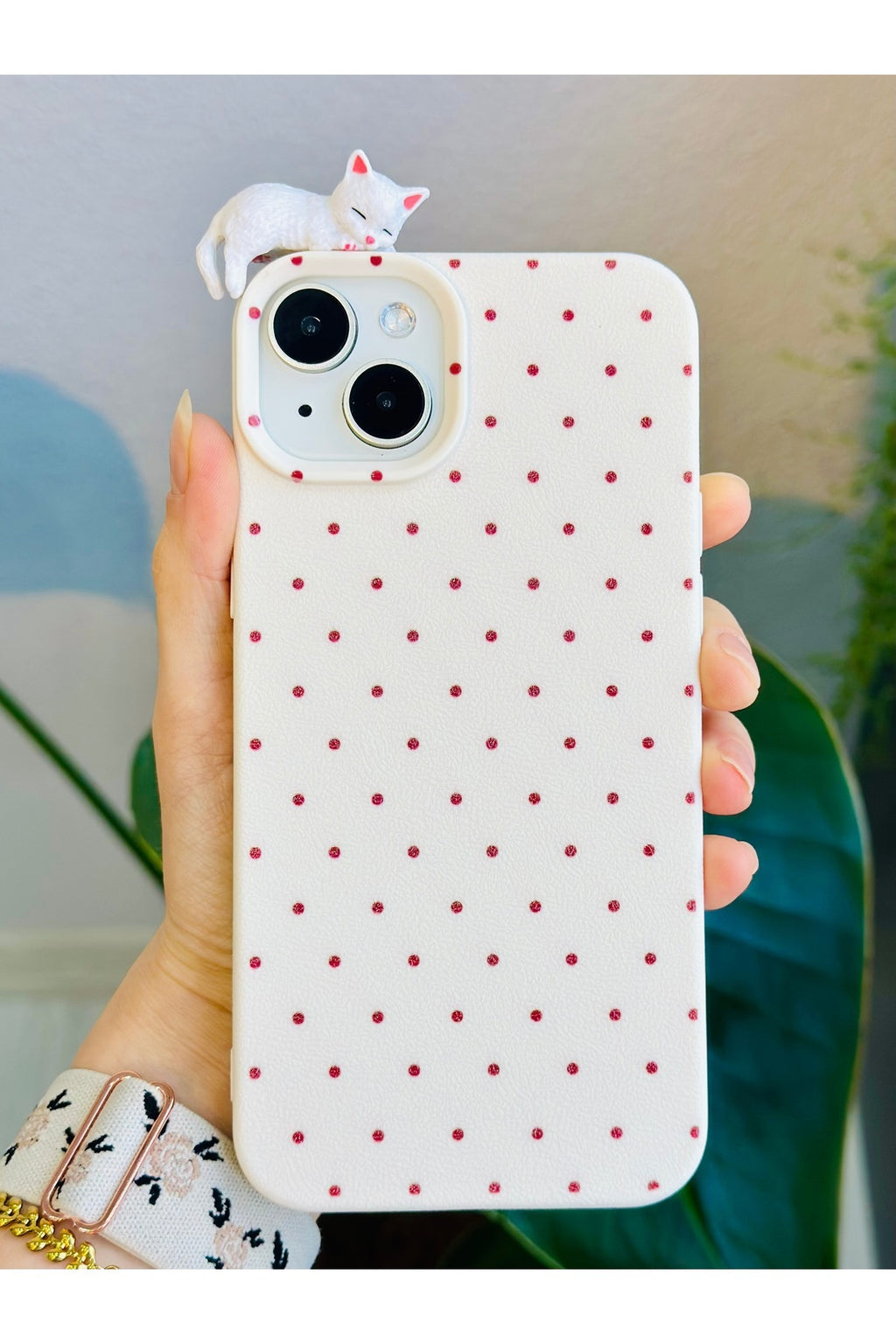 Go Aksesuar Iphone 14 Plus - 15 Plus Puantiye Kedi Tasarımlı Oyuncaklı Silikon Kılıf