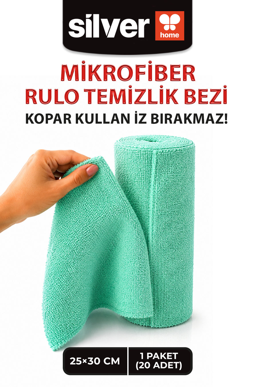SİLVER HOME 20'li Rulo Mikrofiber Temizlik Bezi 25x30 cm Çok Amaçlı Kopart Kullan Kaliteli Eko Paket