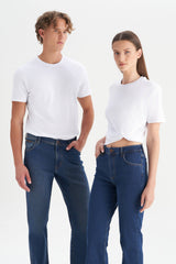 AC&Co / Altınyıldız Classics Erkek/unisex Beyaz %100 Pamuk Slim Fit Dar Kesim Bisiklet Yaka Basic Tişört - Lacivert
