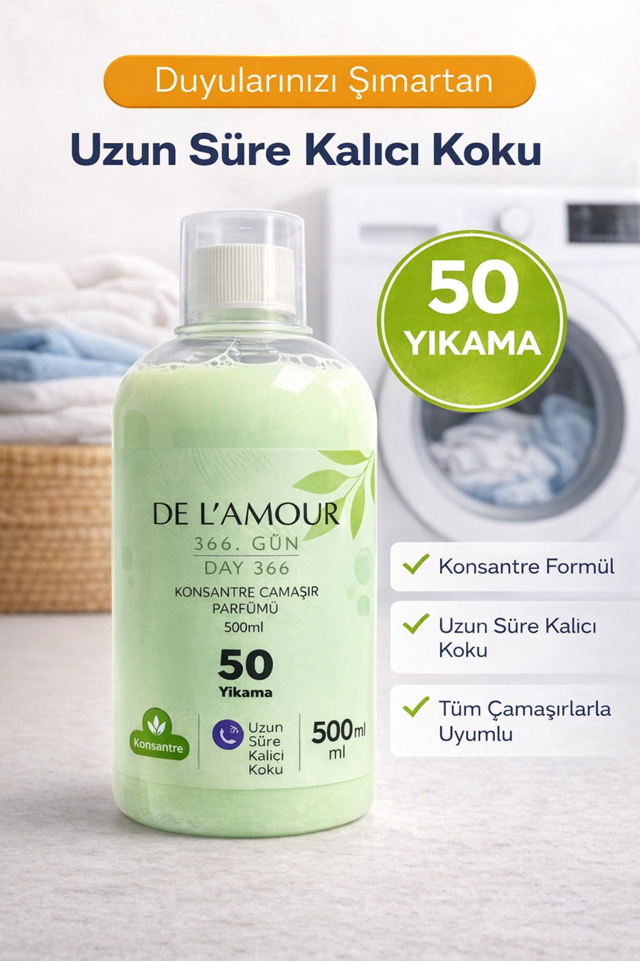 delamour Konsantre Sıvı Çamaşır Parfümü & 50 Yıkama %0 Alerjen 500ml 366.Gün