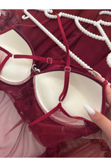 MH Moony Homewears Kutulu 12'li Parça Pause Bordo Saten Pijama Gecelik Sabahlık Iç Giyim Çeyiz Seti - Bordo Renk