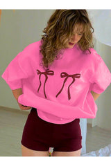oneagılyazı Kadın Kurdela Baskılı Tshirt - Bisiklet Yaka - Pembe