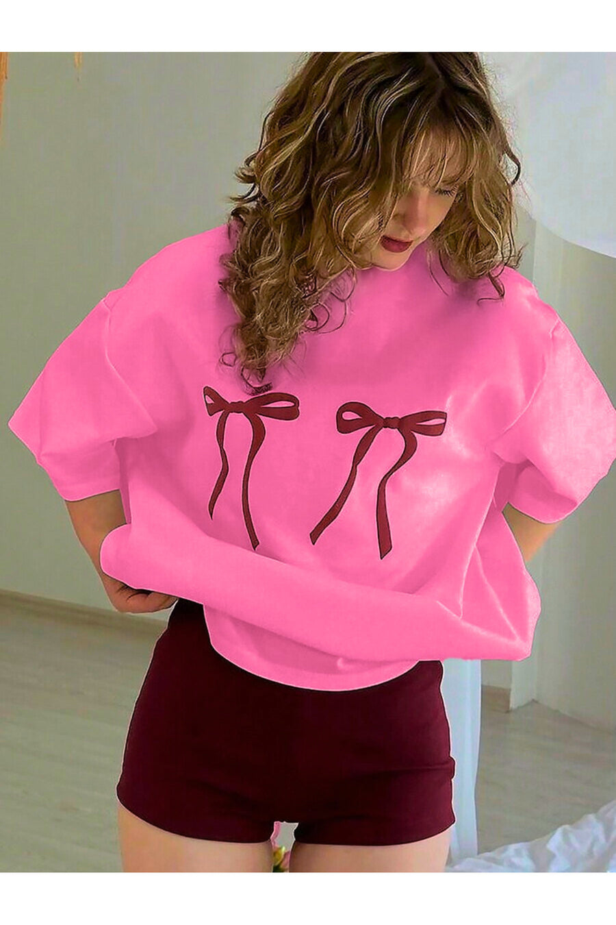oneagılyazı Kadın Kurdela Baskılı Tshirt - Bisiklet Yaka - Pembe