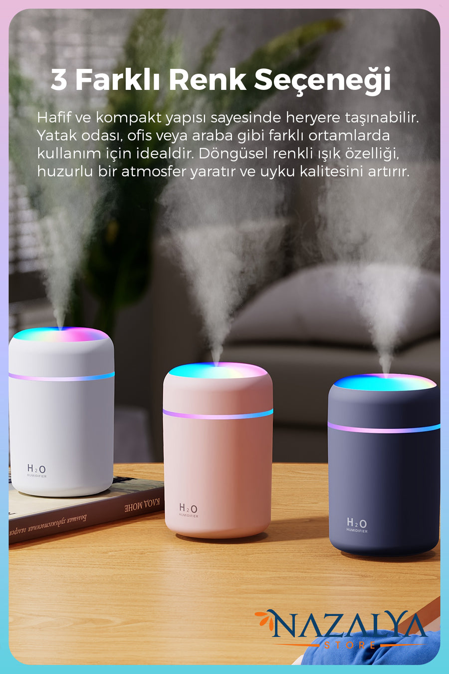 Nazalya 300 ml Ulrasonik Ledli Hava Nemlendirici Buhar Makinesi Ve Aroma Difüzörü